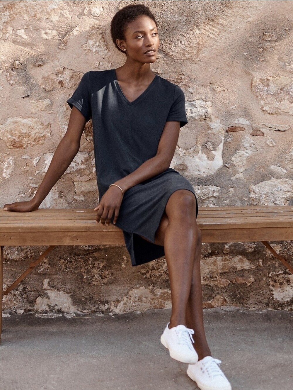 Garnet Hill Charcoal V-Neck Midi T-Shirt Dress